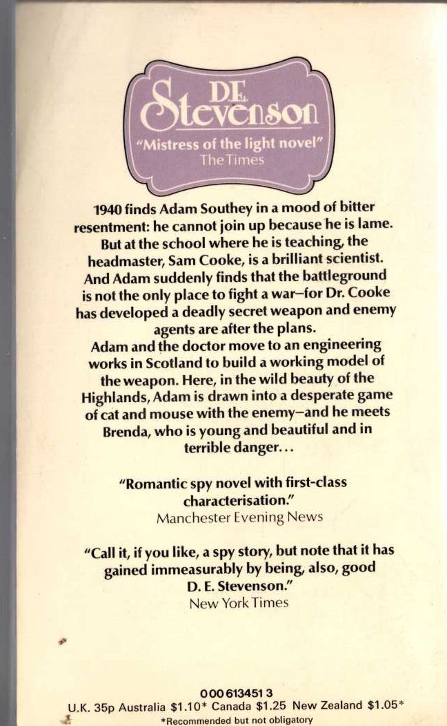 D.E. Stevenson  CROOKED ADAM magnified rear book cover image