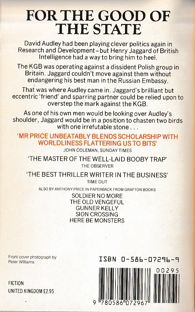 Anthony Price  FOR THE GOOD OF THE STATE magnified rear book cover image