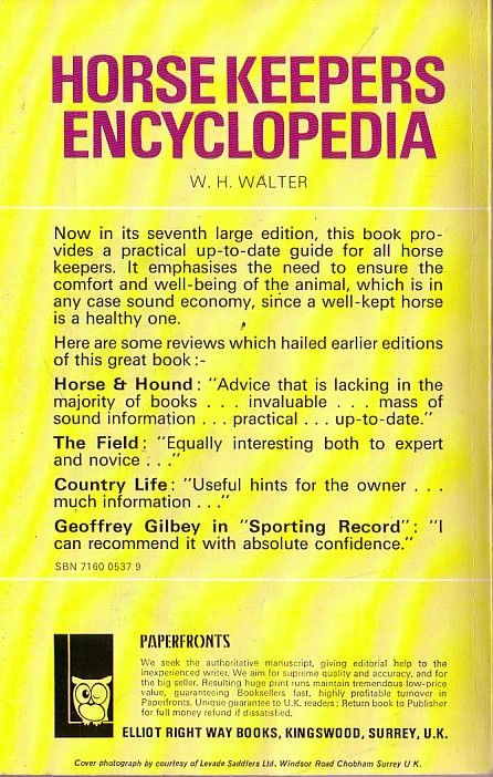 W.H. Walter  HORSE KEEPERS ENCYCLOPEDIA magnified rear book cover image