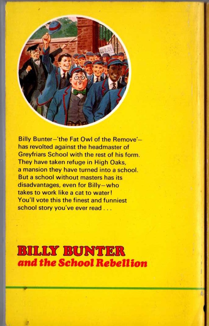 Frank Richards  BILLY BUNTER AND THE SCHOOL REBELLION magnified rear book cover image