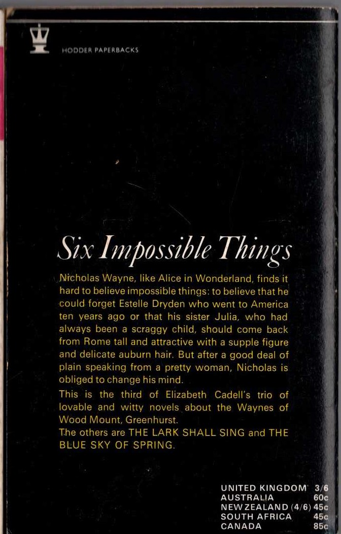 Elizabeth Cadell  SIX IMPOSSIBLE THINGS magnified rear book cover image