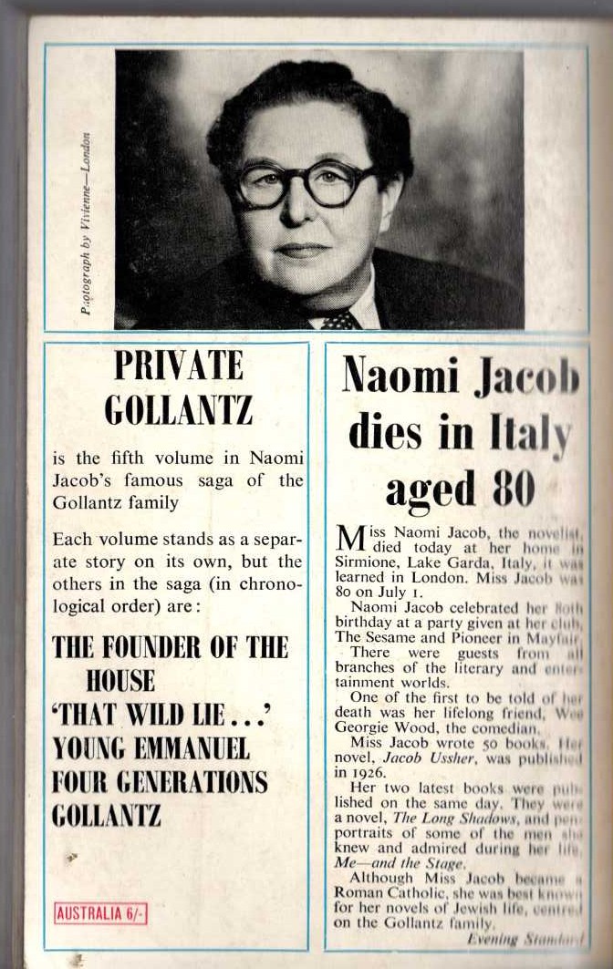 Naomi Jacob  PRIVATE GOLLANTZ magnified rear book cover image
