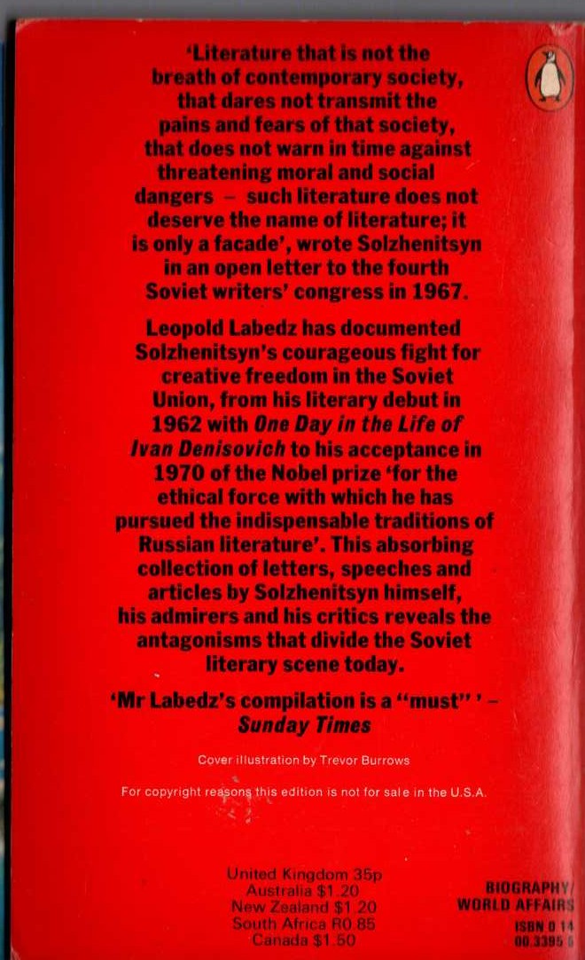 Alexander Solzhenitsyn  A DOCUMENTARY RECORD (Biography/World Affairs) (Edited by Leopold Labedz) magnified rear book cover image