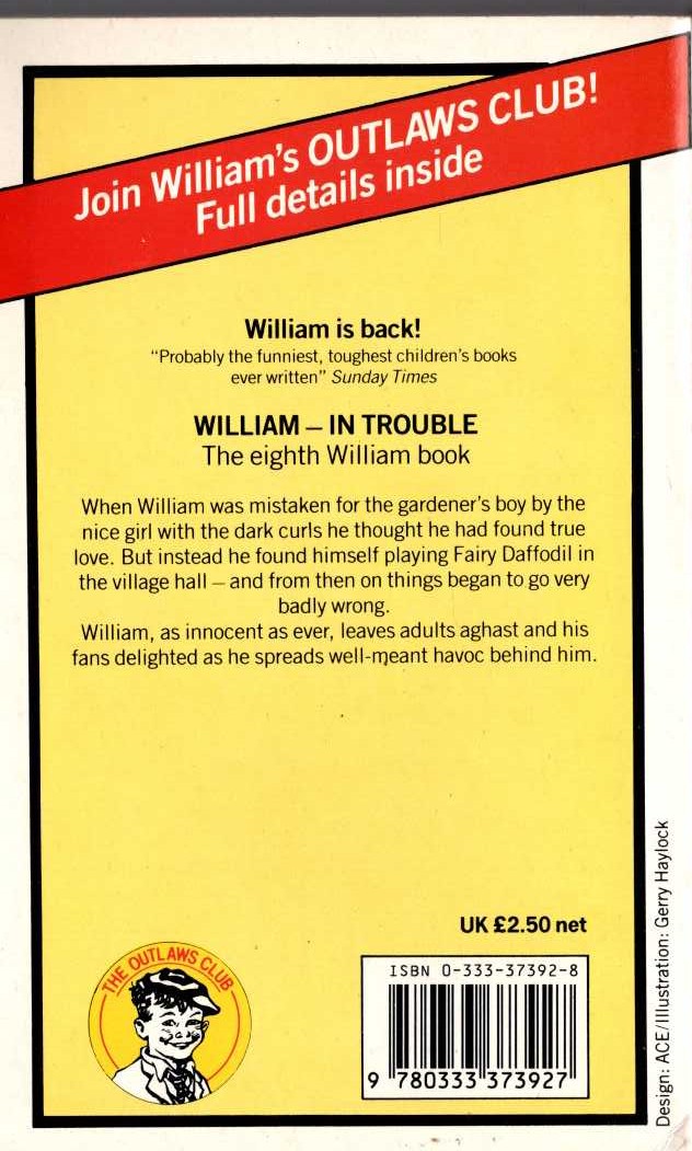 Richmal Crompton  WILLIAM IN TROUBLE magnified rear book cover image