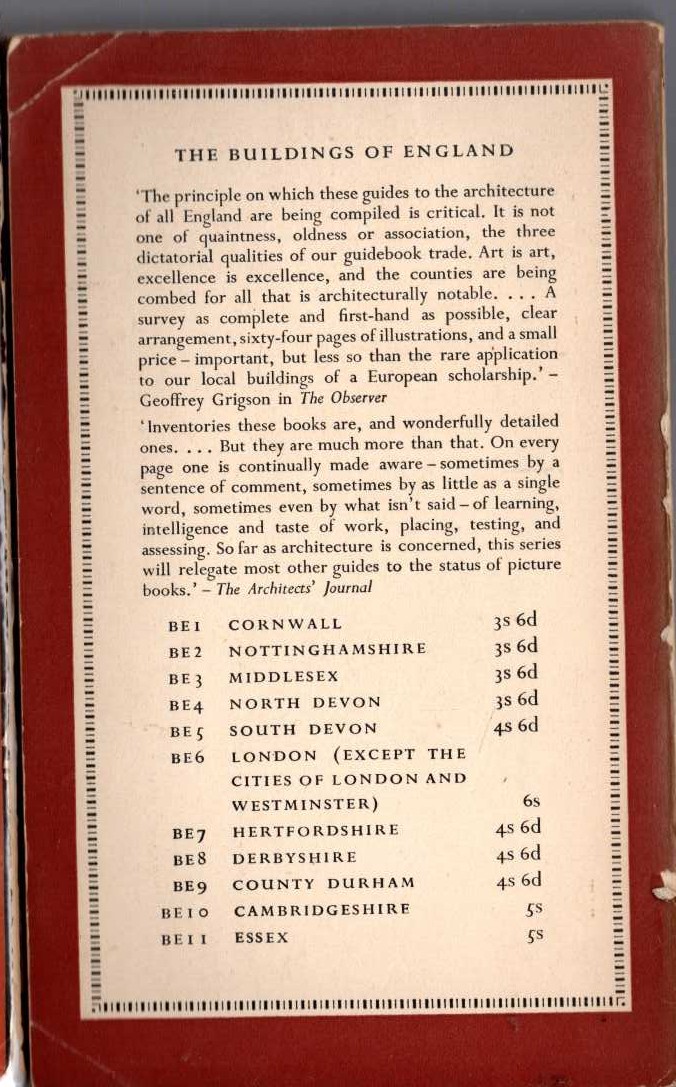 Nikolaus Pevsner  CAMBRIDGESHIRE (Buildings of England) magnified rear book cover image