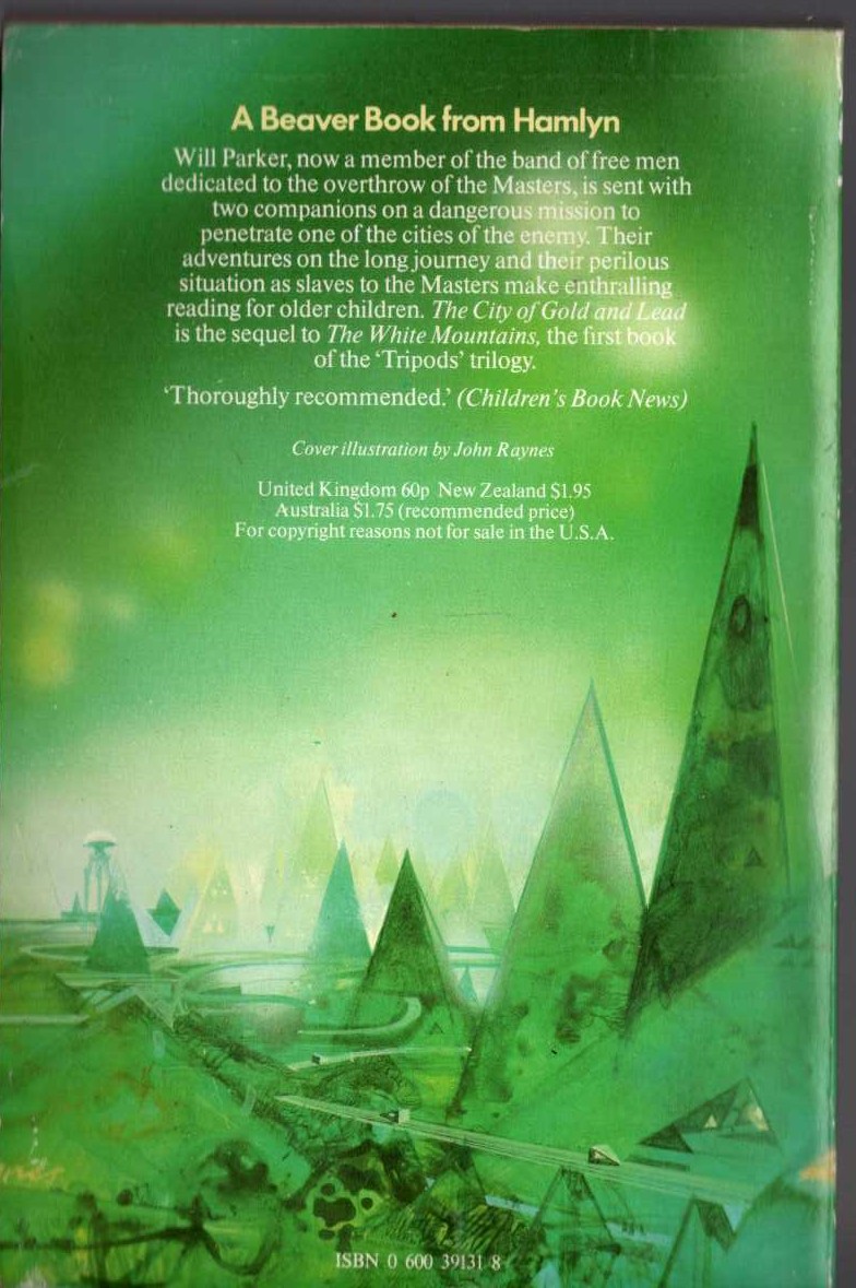 John Christopher  THE CITY OF GOLD AND LEAD magnified rear book cover image