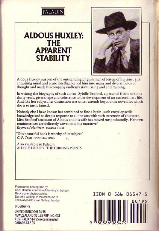 (Sybille Bedford) ALDOUS HUXLEY: THE APPARENT STABILITY. A Biography. volume 1 magnified rear book cover image