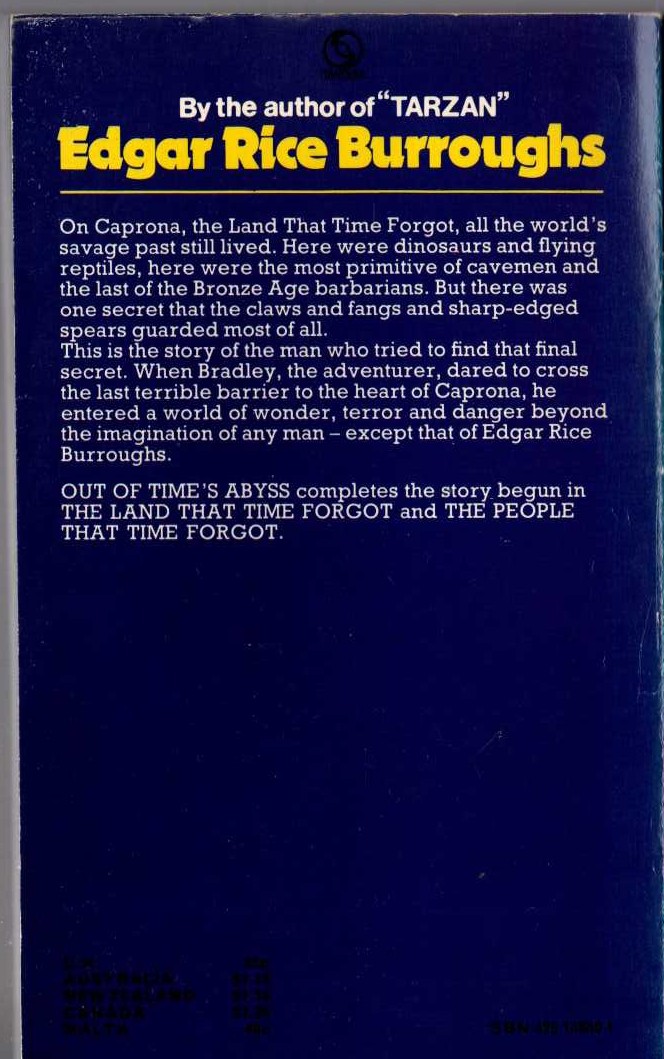Edgar Rice Burroughs  OUT OF TIME'S ABYSS magnified rear book cover image