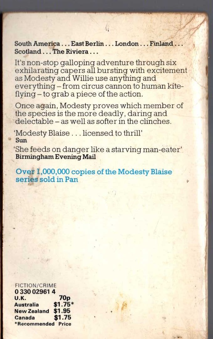 Peter O'Donnell  PIECES OF MODESTY magnified rear book cover image