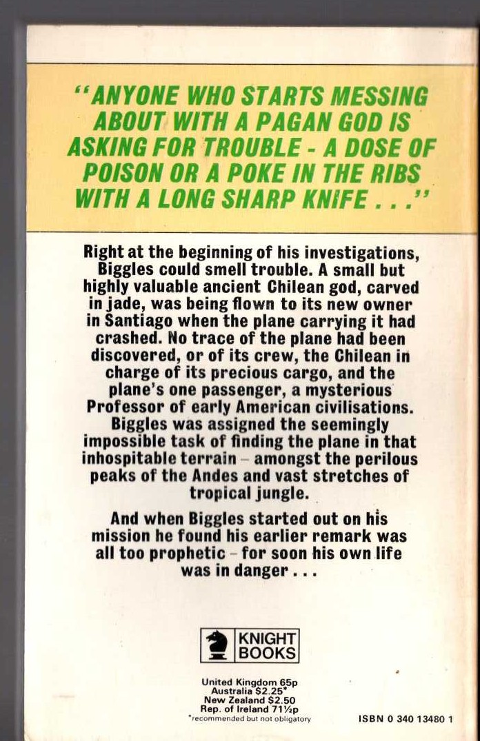 Captain W.E. Johns  BIGGLES AND THE LITTLE GREEN GOD magnified rear book cover image