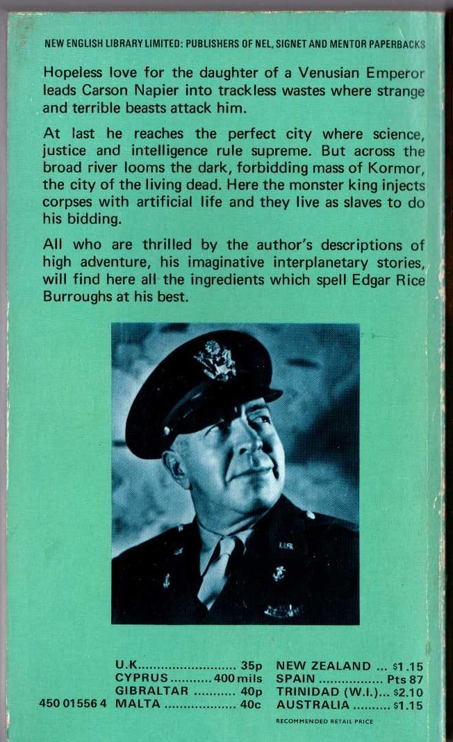 Edgar Rice Burroughs  LOST ON VENUS magnified rear book cover image