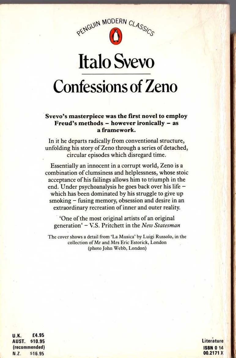 Italo Svevo  CONFESSIONS OF ZENO magnified rear book cover image