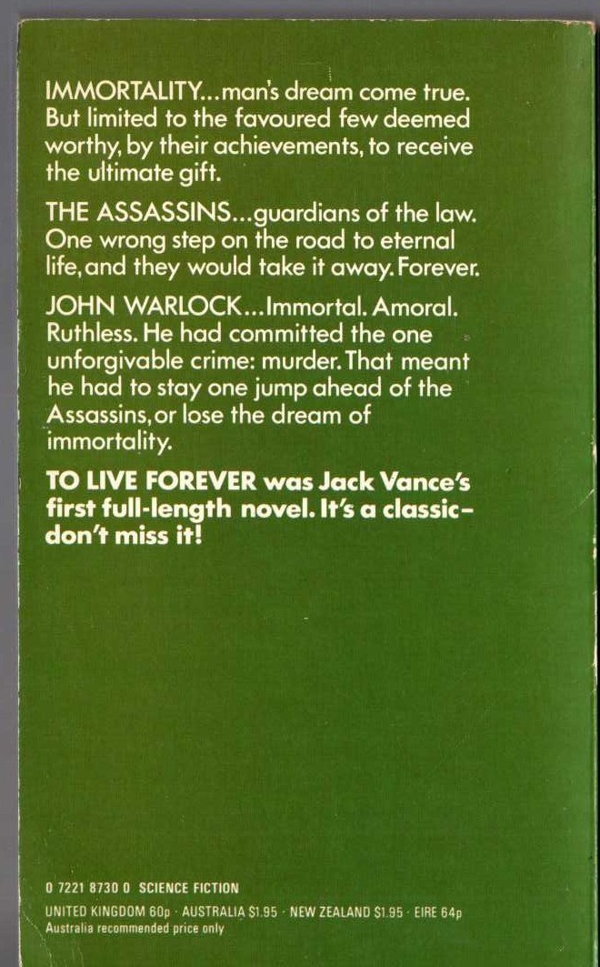 Jack Vance  TO LIVE FOREVER magnified rear book cover image