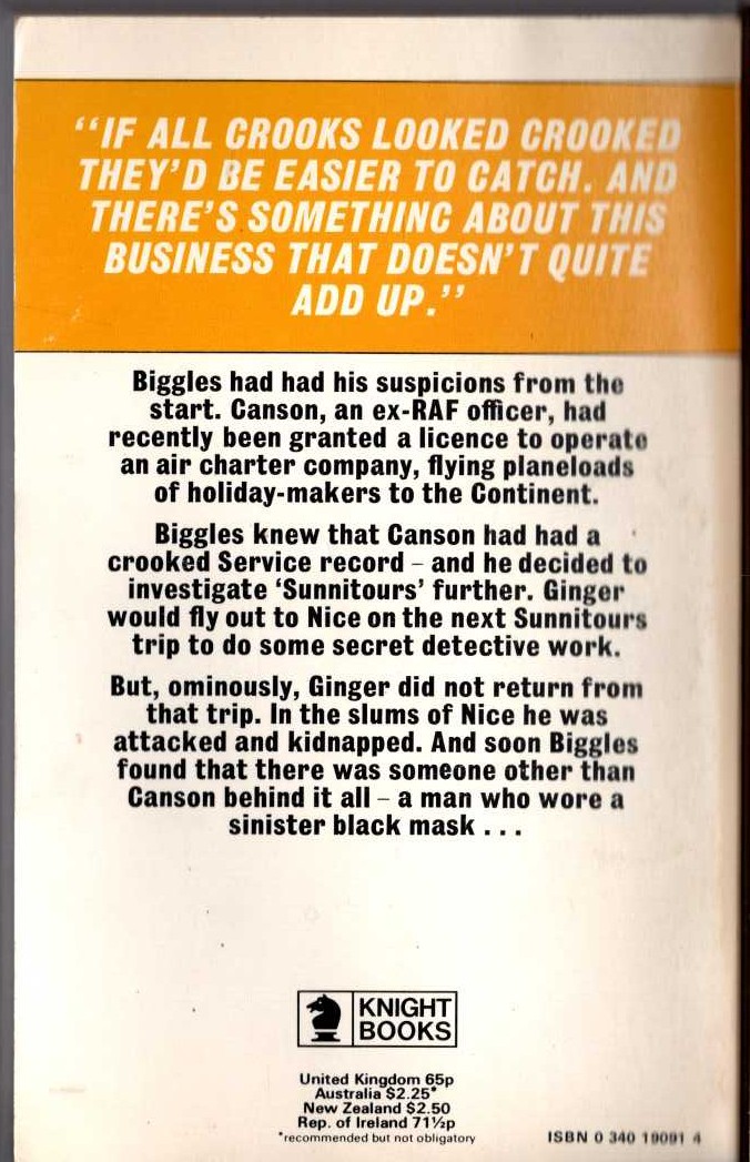 Captain W.E. Johns  BIGGLES AND THE BLACK MASK magnified rear book cover image