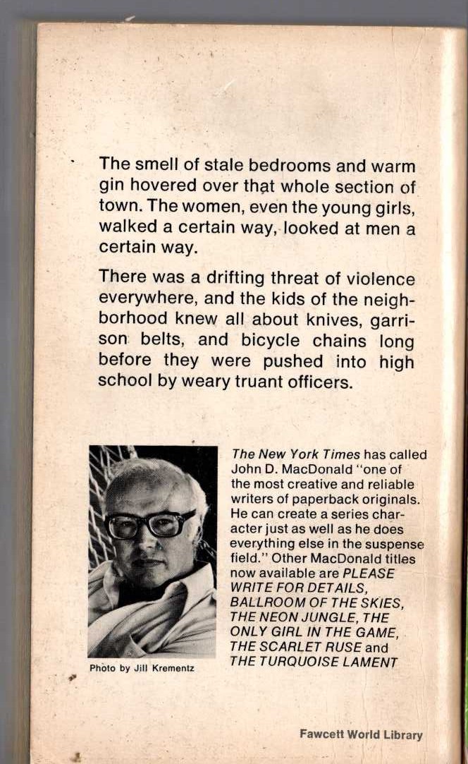 John D. MacDonald  THE NEON JUNGLE magnified rear book cover image