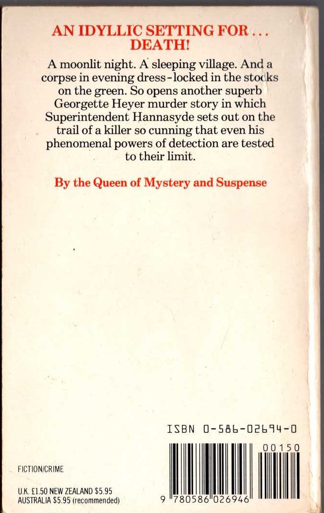 Georgette Heyer  DEATH IN THE STOCKS magnified rear book cover image