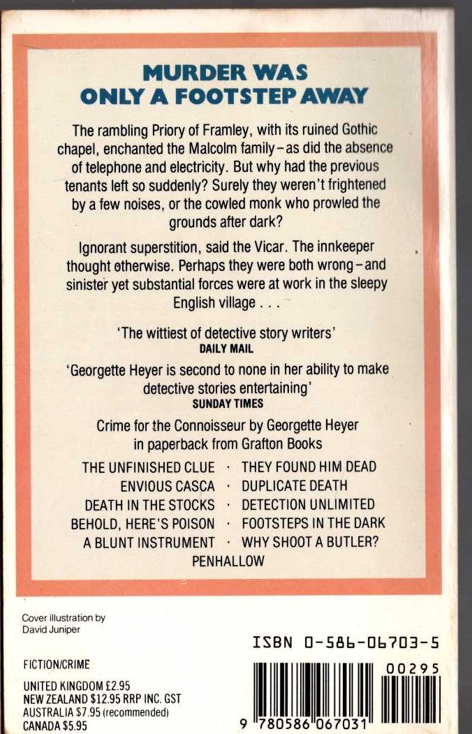 Georgette Heyer  FOOTSTEPS IN THE DARK magnified rear book cover image