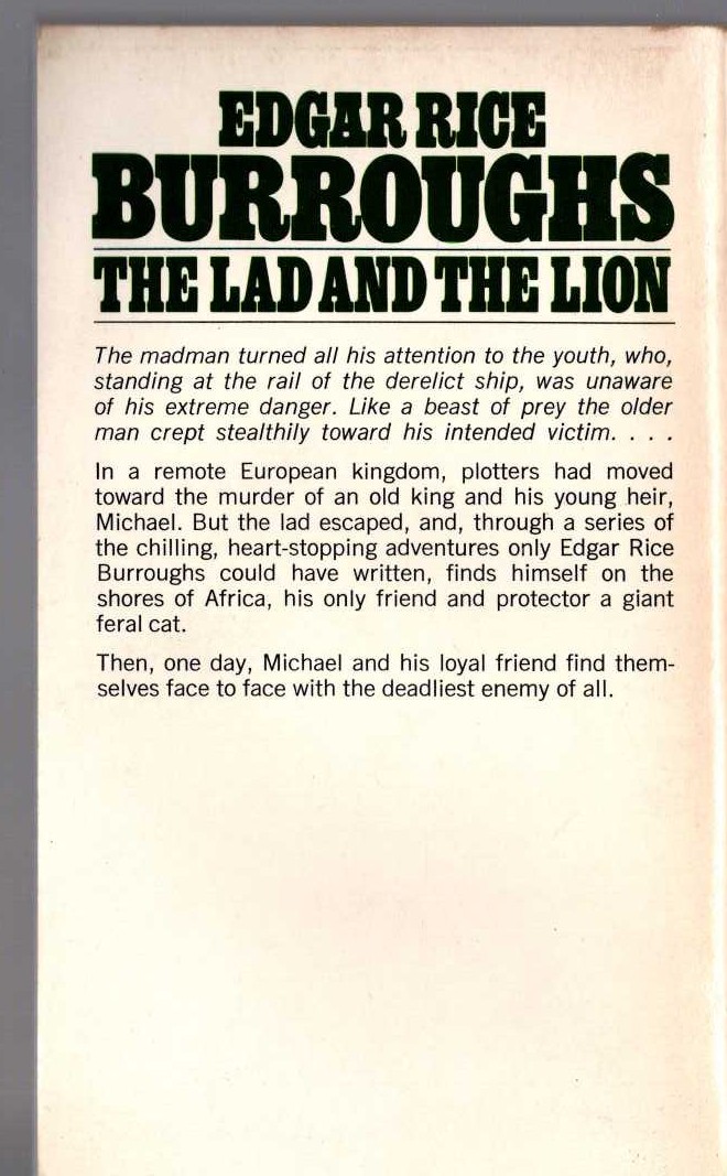 Edgar Rice Burroughs  THE LAD AND THE LION magnified rear book cover image