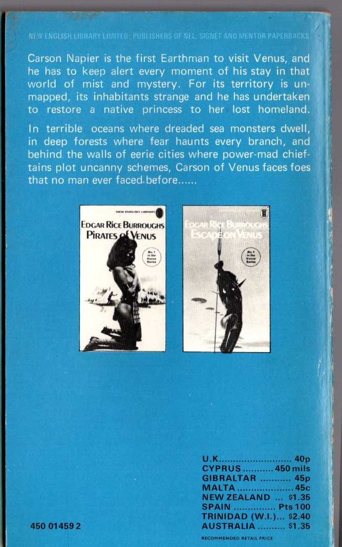 Edgar Rice Burroughs  CARSON OF VENUS magnified rear book cover image