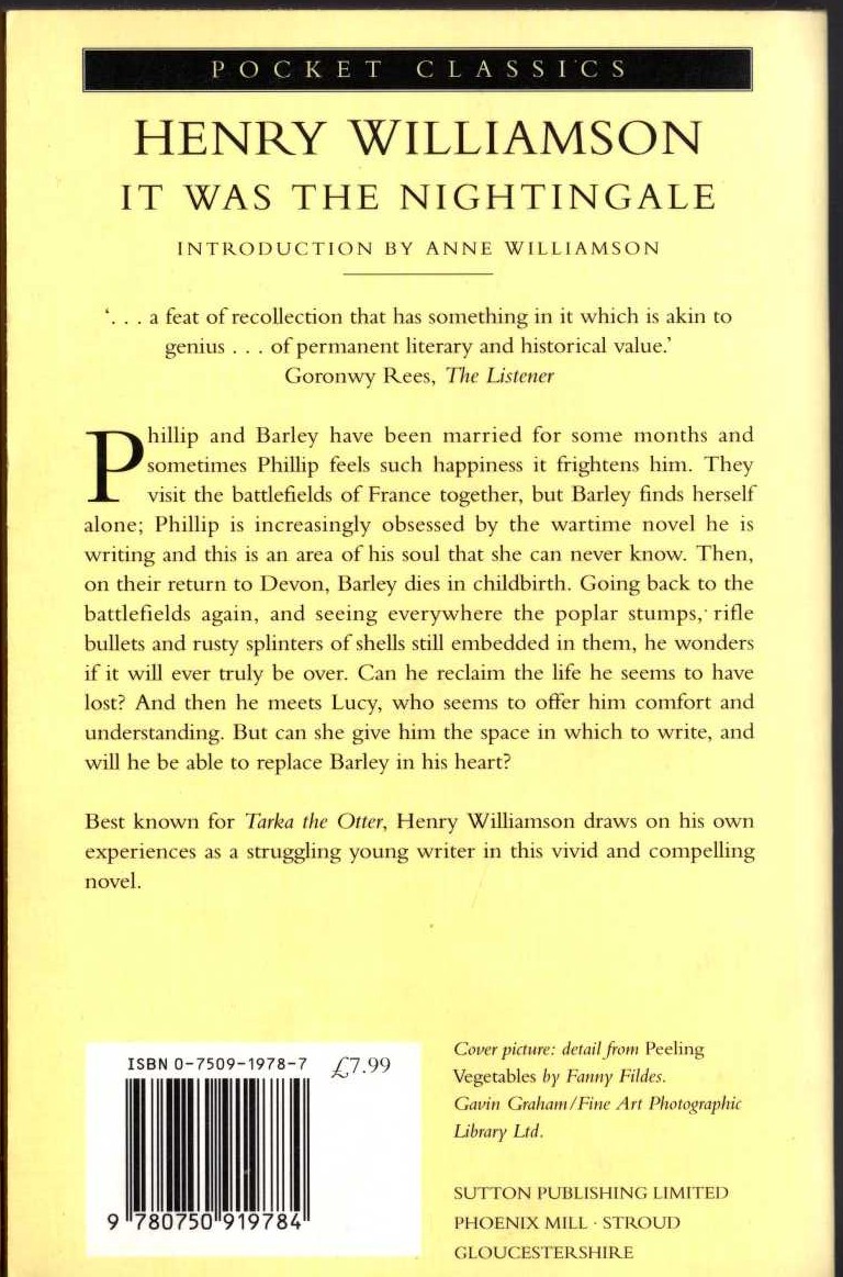 Henry Williamson  IT WAS THE NIGHTINGALE magnified rear book cover image