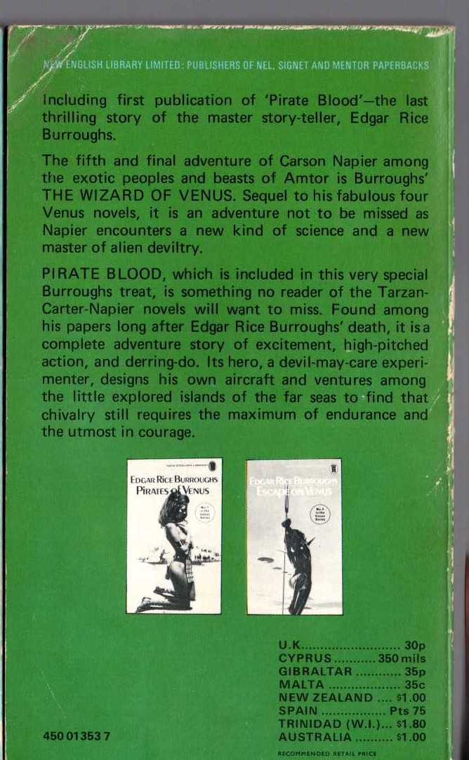 Edgar Rice Burroughs  THE WIZARD OF VENUS magnified rear book cover image