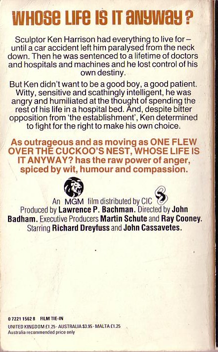 David Benedictus  WHOSE LIFE IS IT ANYWAY? (Richard Dreyfuss) magnified rear book cover image