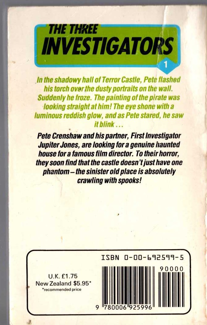 Alfred Hitchcock (introduces_The_Three_Investigators) THE SECRET OF TERROR CASTLE magnified rear book cover image