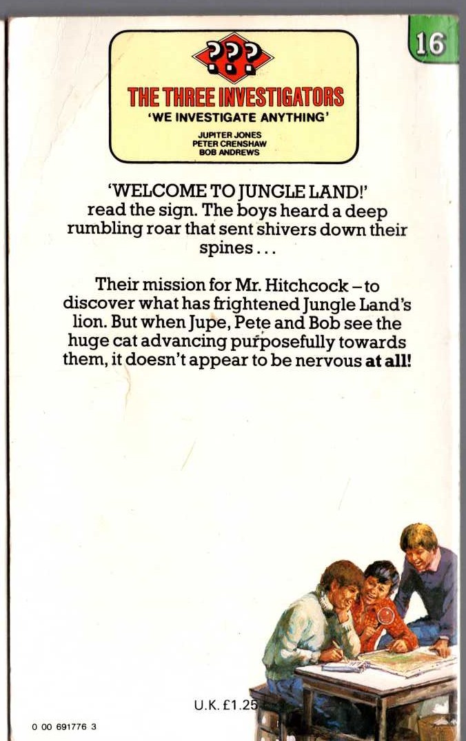 Alfred Hitchcock (introduces_The_Three_Investigators) THE MYSTERY OF THE NERVOUS LION magnified rear book cover image