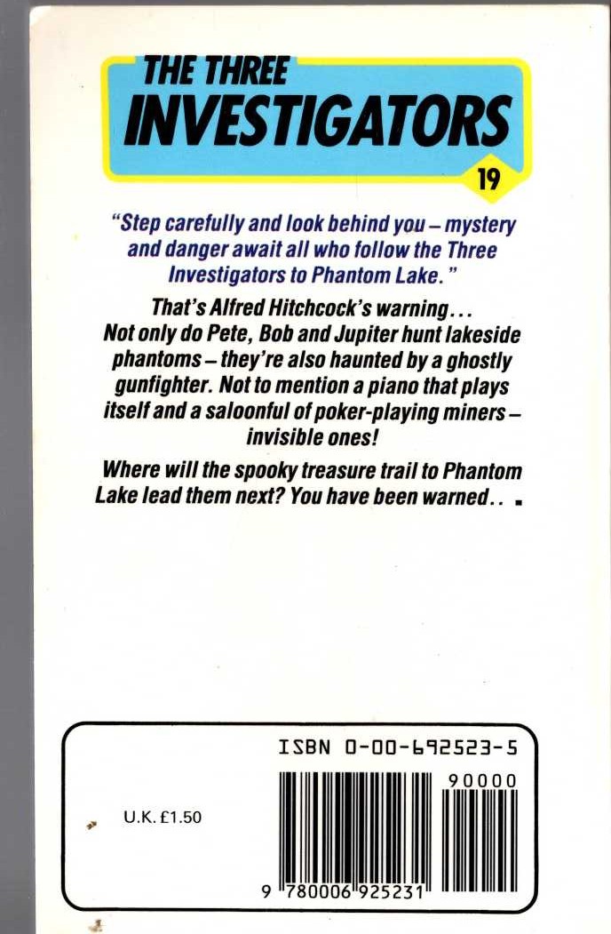 Alfred Hitchcock (introduces_The_Three_Investigators) THE SECRET OF PHANTOM LAKE magnified rear book cover image