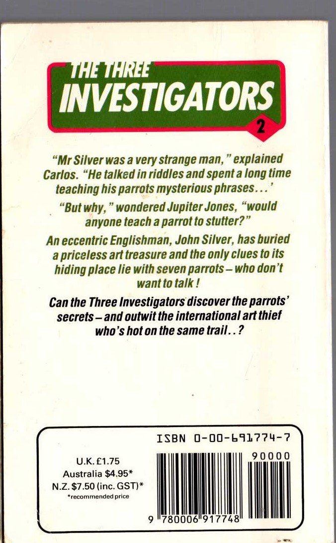 Alfred Hitchcock (introduces_The_Three_Investigators) THE MYSTERY OF THE STUTTERING PARROT magnified rear book cover image