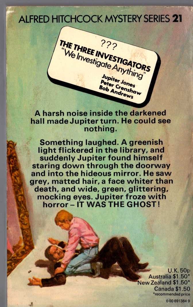 Alfred Hitchcock (introduces_The_Three_Investigators) THE SECRET OF THE HAUNTED MIRROR magnified rear book cover image