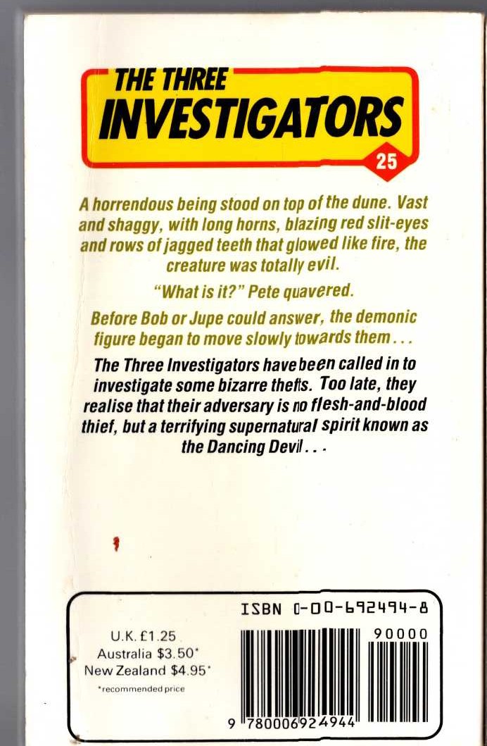 Alfred Hitchcock (introduces_The_Three_Investigators) THE MYSTERY OF THE DANCING DEVIL magnified rear book cover image