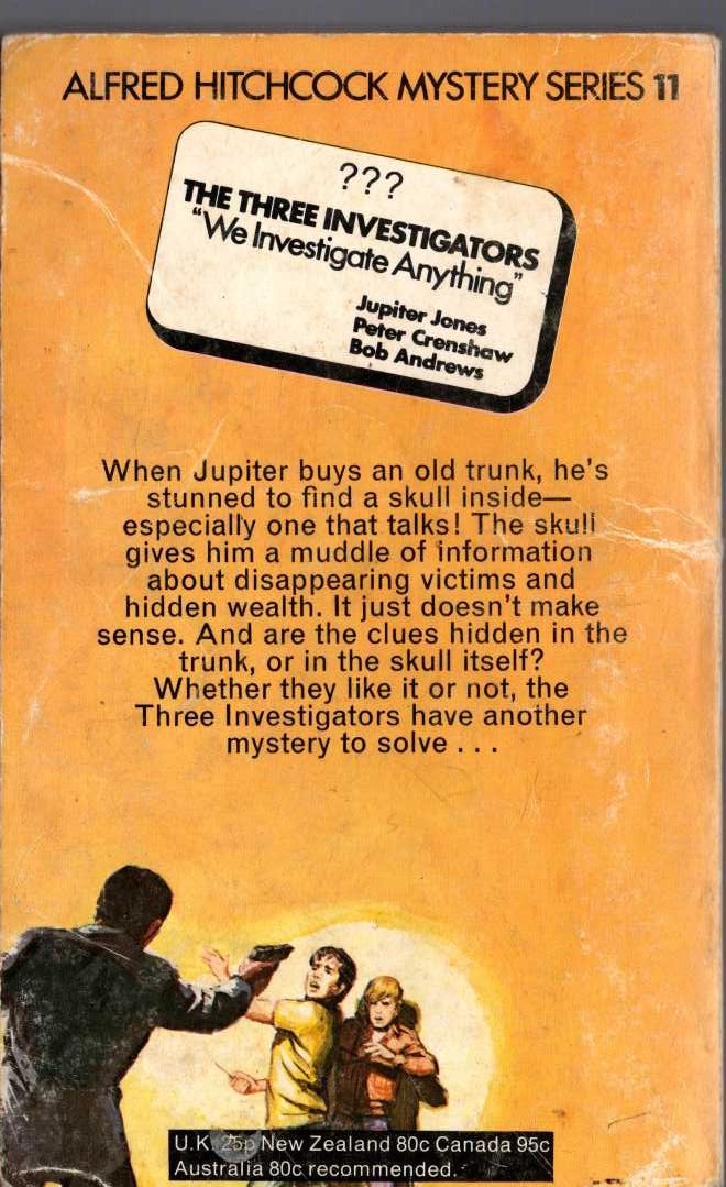 Alfred Hitchcock (introduces_The_Three_Investigators) THE MYSTERY OF THE TALKING SKULL magnified rear book cover image