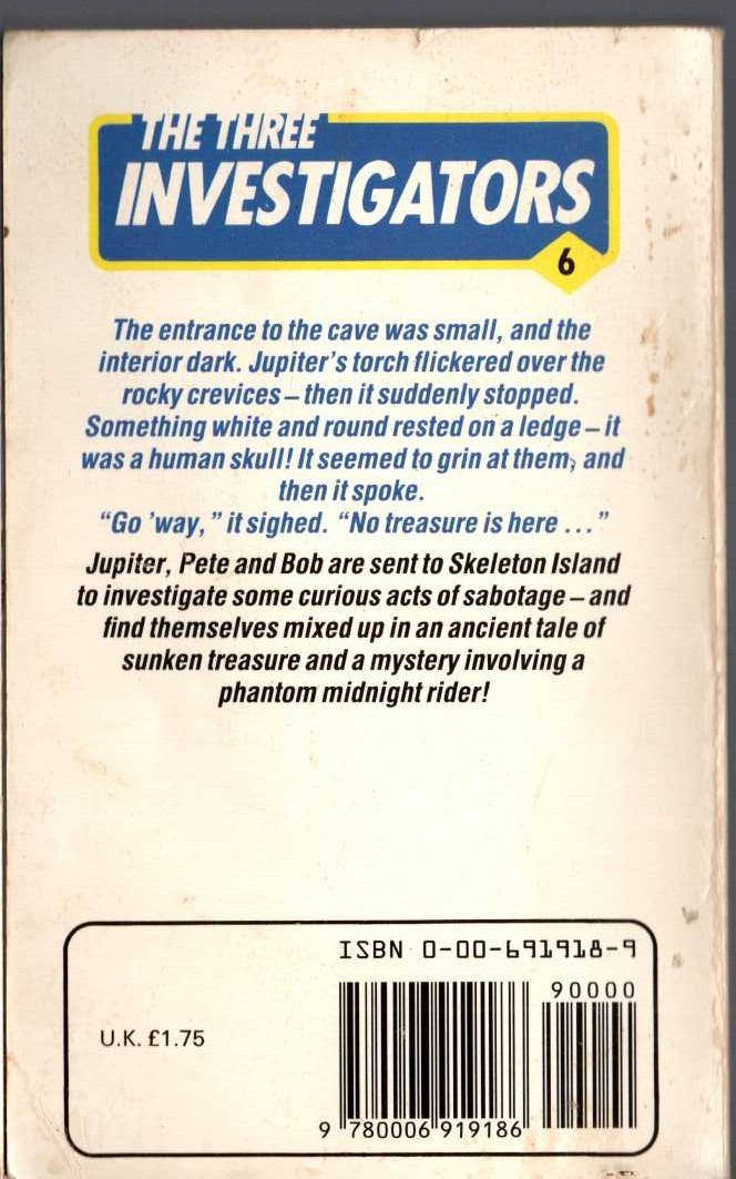 Alfred Hitchcock (introduces_The_Three_Investigators) THE SECRET OF SKELETON ISLAND magnified rear book cover image