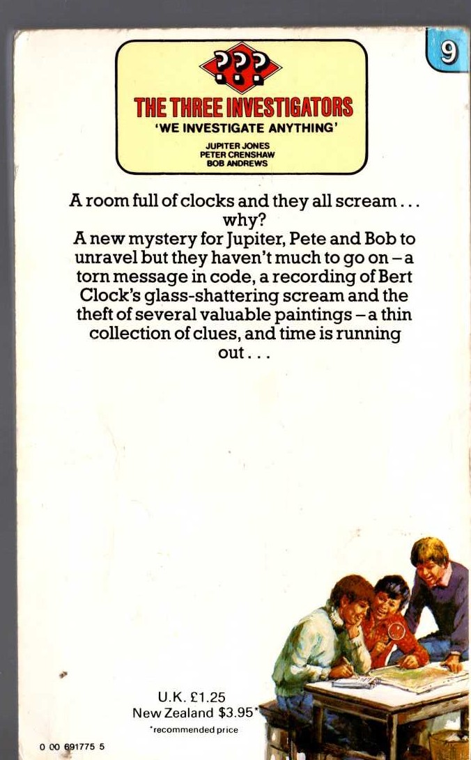 Alfred Hitchcock (introduces_The_Three_Investigators) THE MYSTERY OF THE SCREAMING CLOCK magnified rear book cover image
