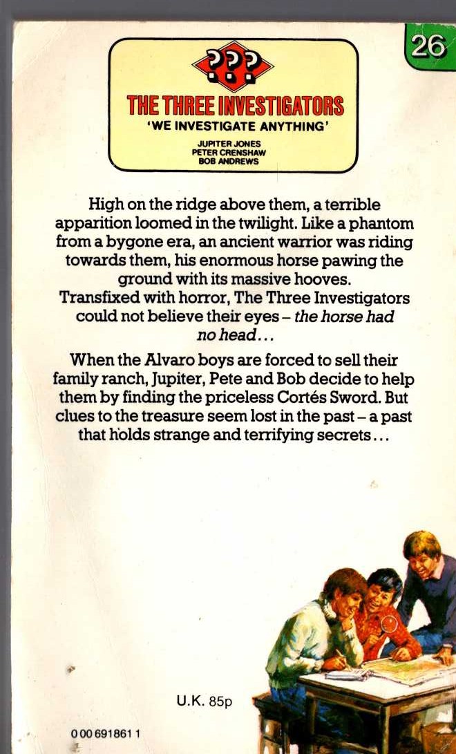 Alfred Hitchcock (introduces_The_Three_Investigators) THE MYSTERY OF THE HEADLESS HORSE magnified rear book cover image