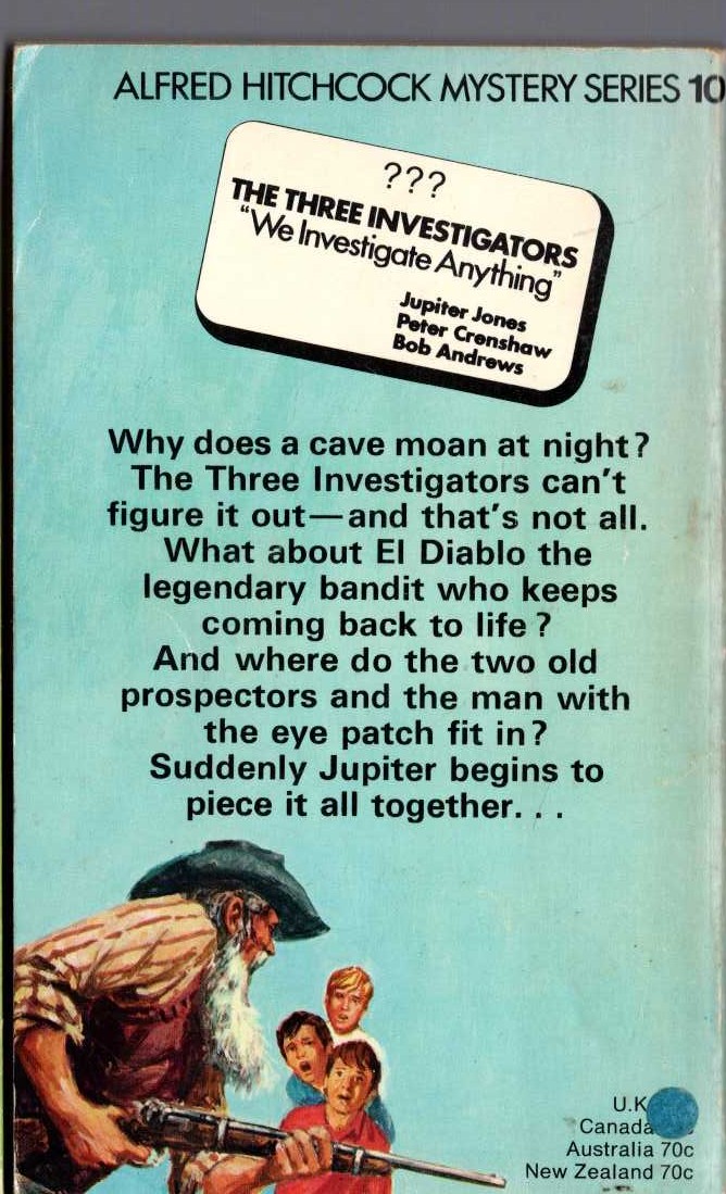 Alfred Hitchcock (introduces_The_Three_Investigators) THE MYSTERY OF THE MOANING CAVE magnified rear book cover image
