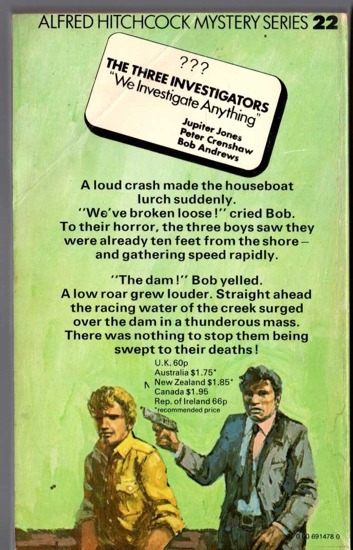 Alfred Hitchcock (introduces_The_Three_Investigators) THE MYSTERY OF THE DEAD MAN'S RIDDLE magnified rear book cover image