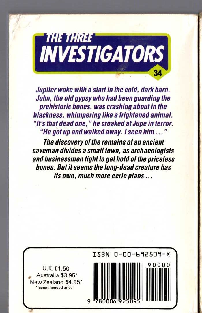 Alfred Hitchcock (introduces_The_Three_Investigators) THE MYSTERY OF THE WANDERING CAVEMAN magnified rear book cover image