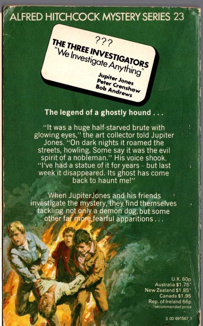 Alfred Hitchcock (introduces_The_Three_Investigators) THE MYSTERY OF THE INVISIBLE DOG magnified rear book cover image
