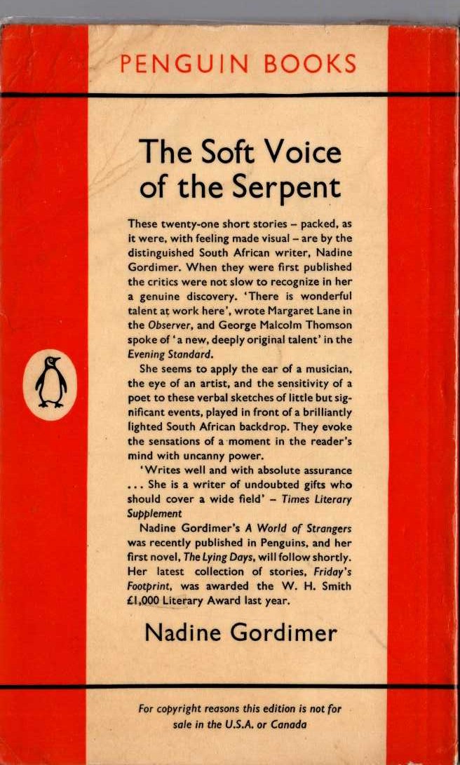 Nadine Gordimer  THE SOFT VOICE OF THE SERPENT magnified rear book cover image