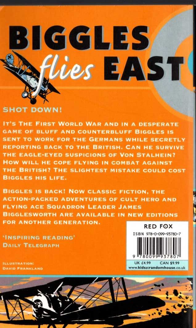 Captain W.E. Johns  BIGGLES FLIES EAST magnified rear book cover image