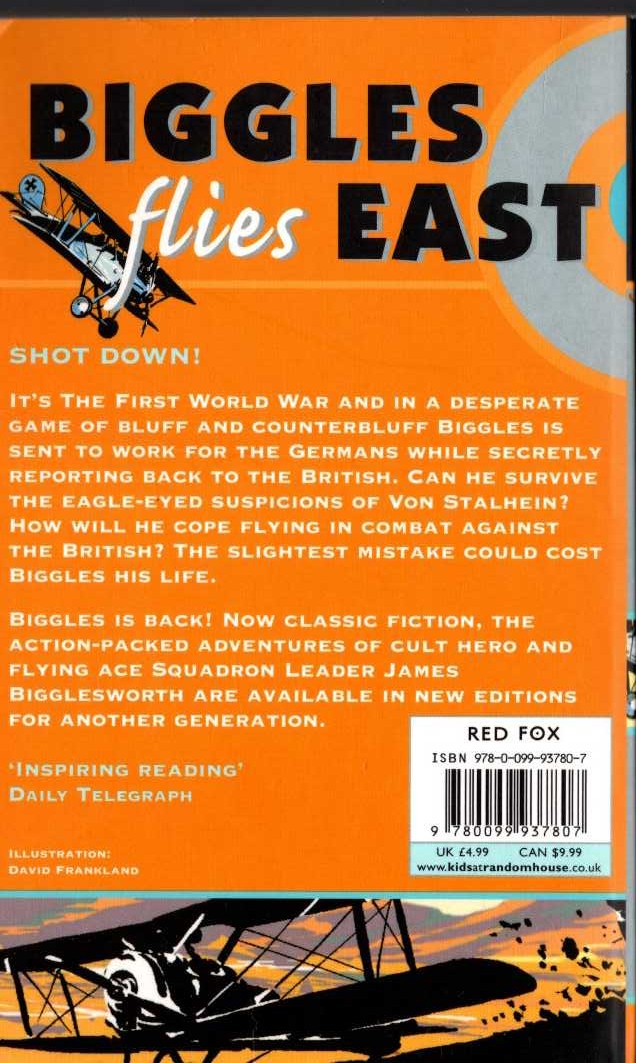 Captain W.E. Johns  BIGGLES FLIES EAST magnified rear book cover image