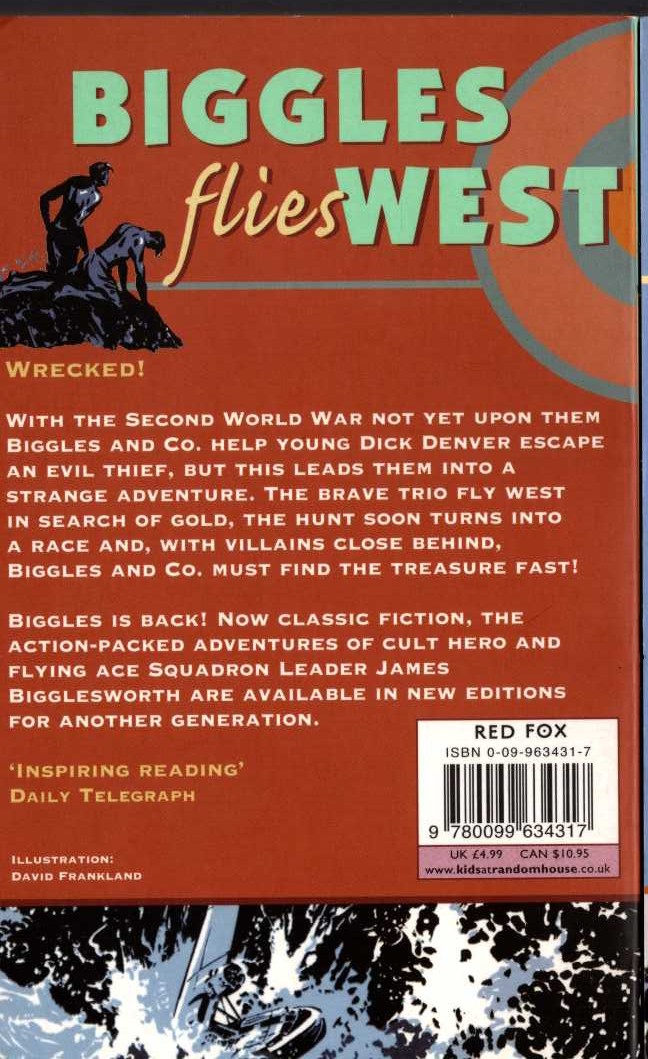 Captain W.E. Johns  BIGGLES FLIES WEST magnified rear book cover image