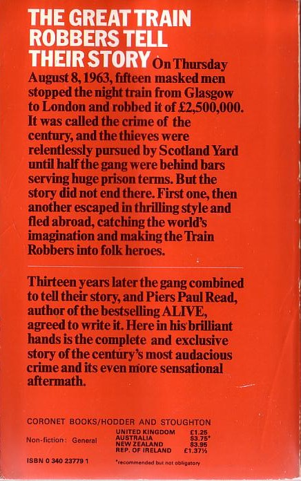 Piers Paul Read  THE TRAIN ROBBERS magnified rear book cover image