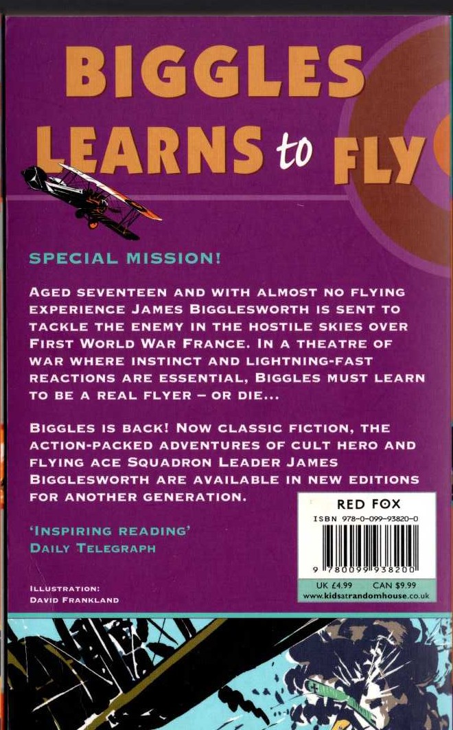 Captain W.E. Johns  BIGGLES LEARNS TO FLY magnified rear book cover image