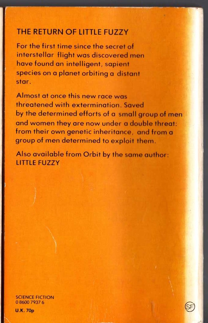 H.Beam Piper  FUZZY SAPIENS [previously published as THE OTHER HUMAN RACE] magnified rear book cover image