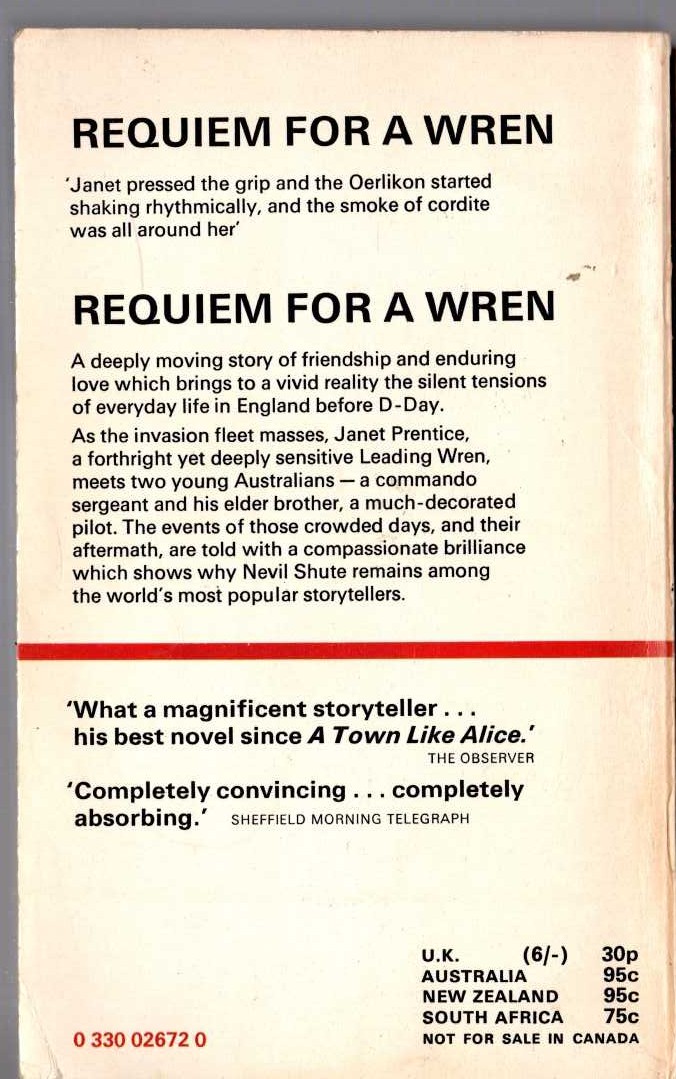 Nevil Shute  REQUIEM FOR A WREN magnified rear book cover image