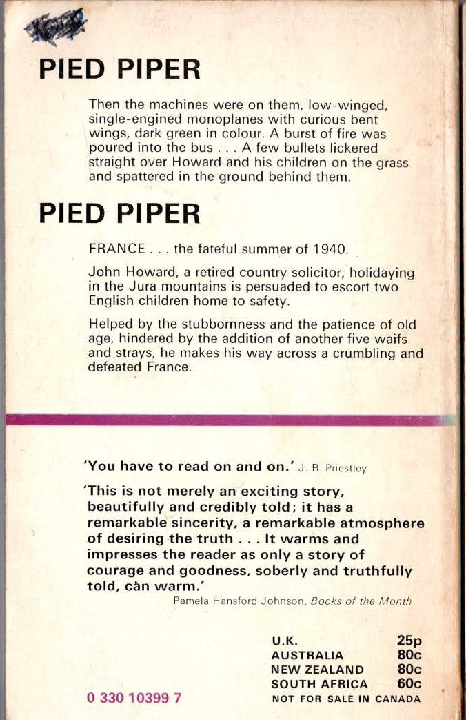 Nevil Shute  PIED PIPER magnified rear book cover image