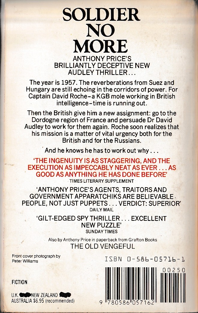 Anthony Price  SOLDIER NO MORE magnified rear book cover image